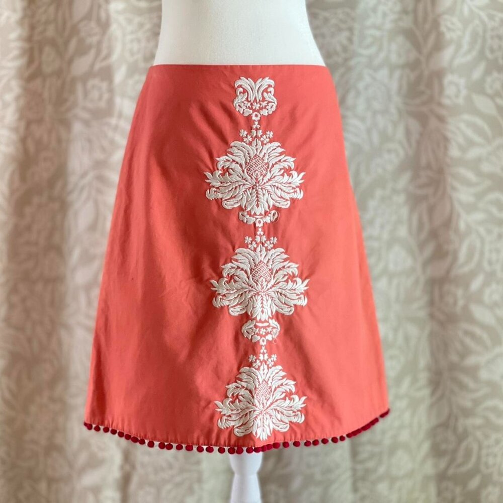 Vintage Y2K Anthropologie Coral A-Line Skirt with White Embroidered Motif 🌸🍑